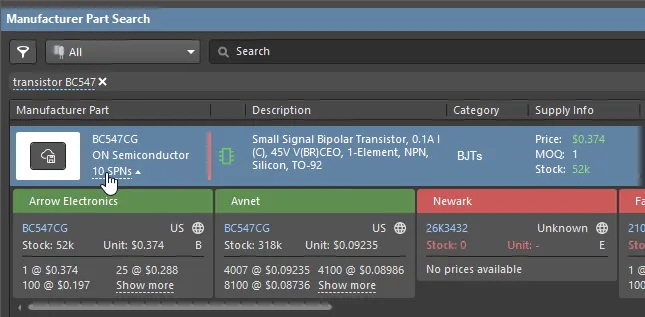 Manufacturer Part Search panel, exploring part availability