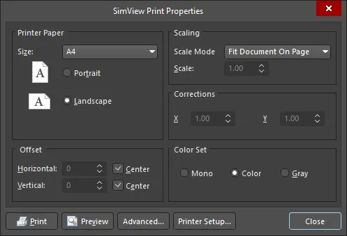 The SimView Print Properties dialog