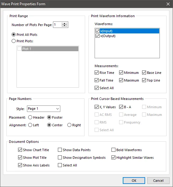 The Wave Print Properties Form dialog