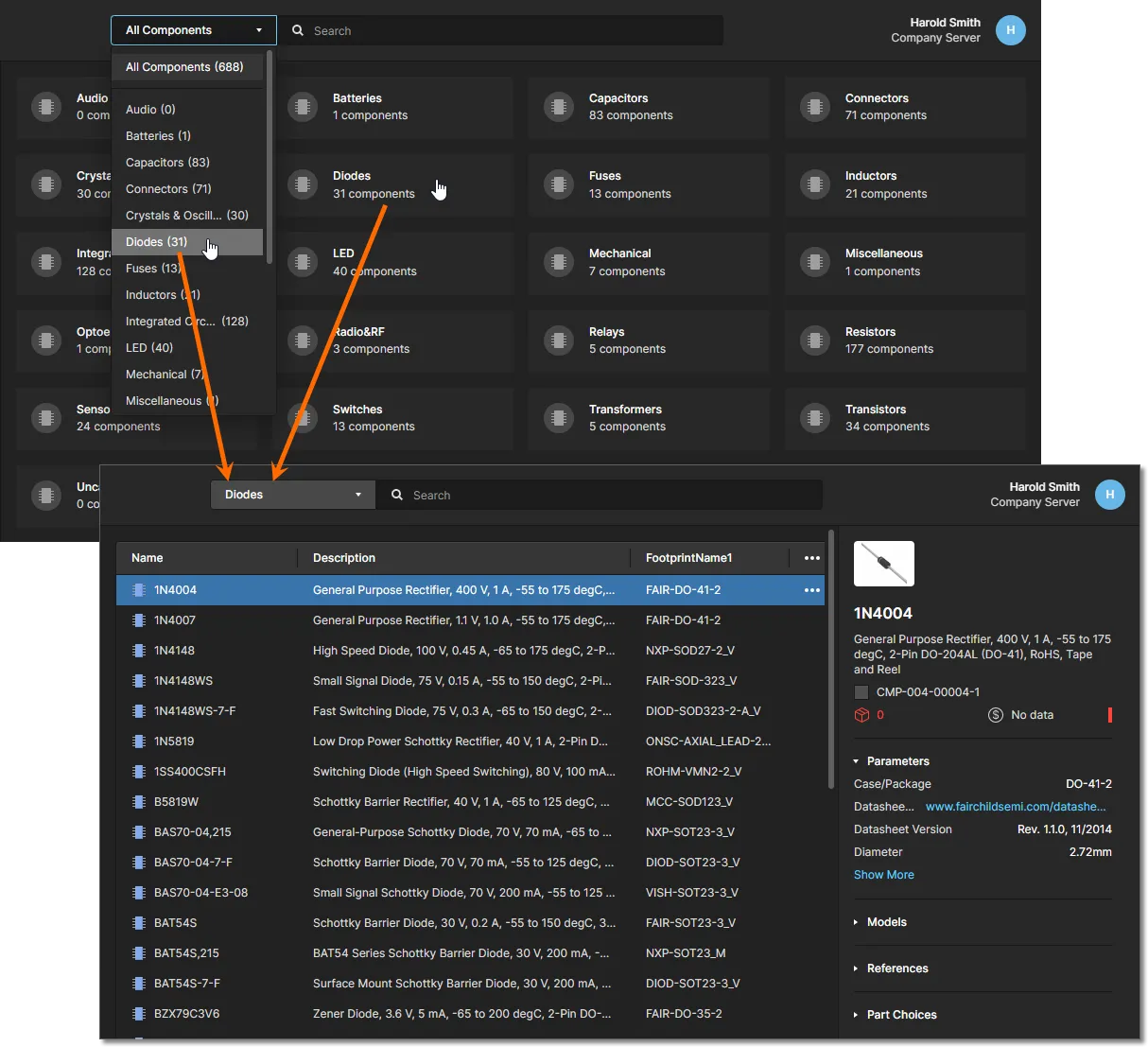 An example of browsing all diode-type components in a Workspace.