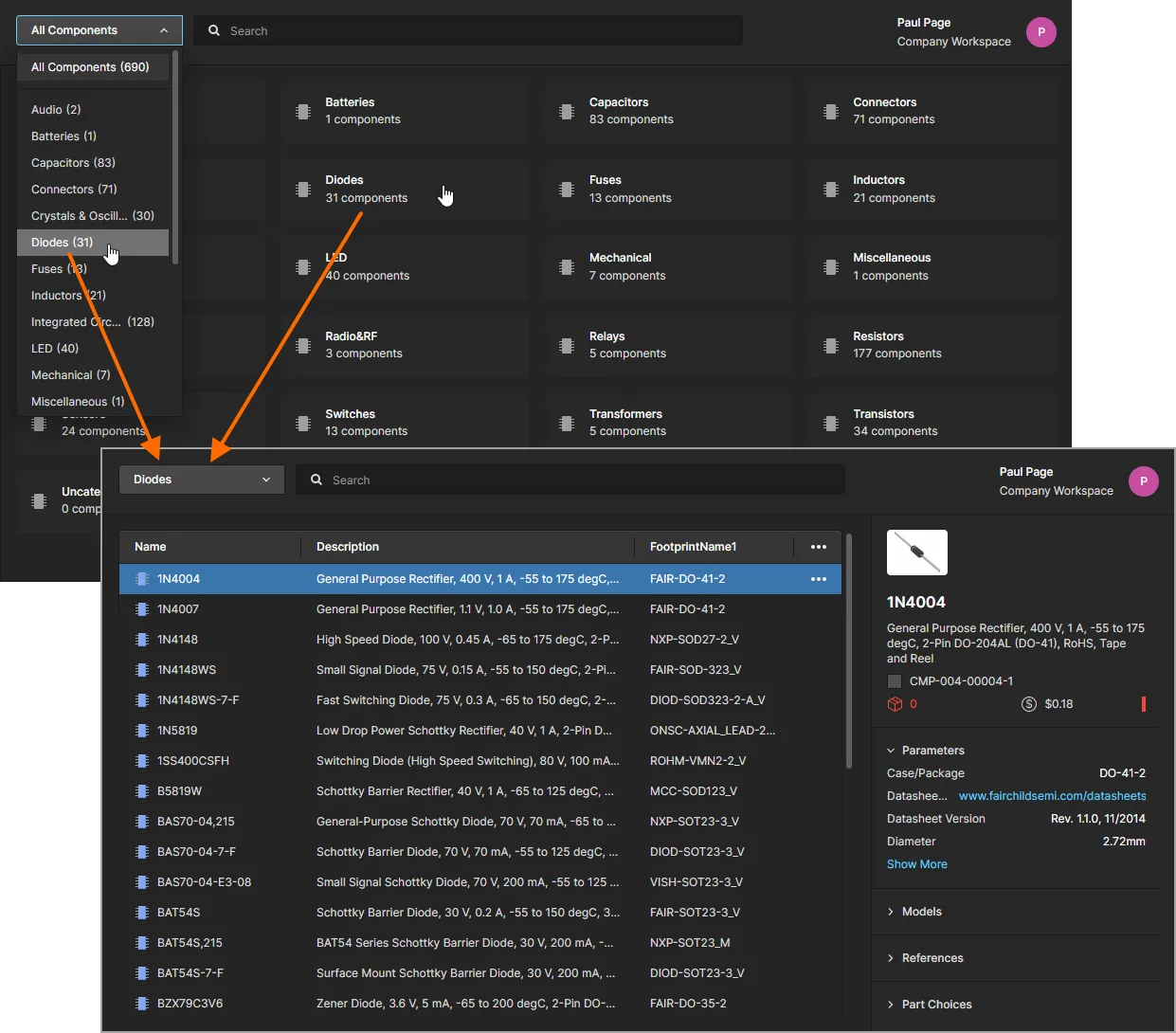An example of browsing all diode-type components in a Workspace.