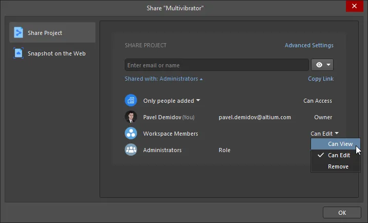 Change access to the project permissions from the Share dialog.