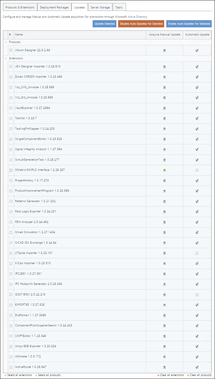 The Updates tab of the NIS interface – command central for controlling how the products and extensions in your local Enterprise Server get updated, when later versions of those products and extensions become available in the Altium Cloud Repository.