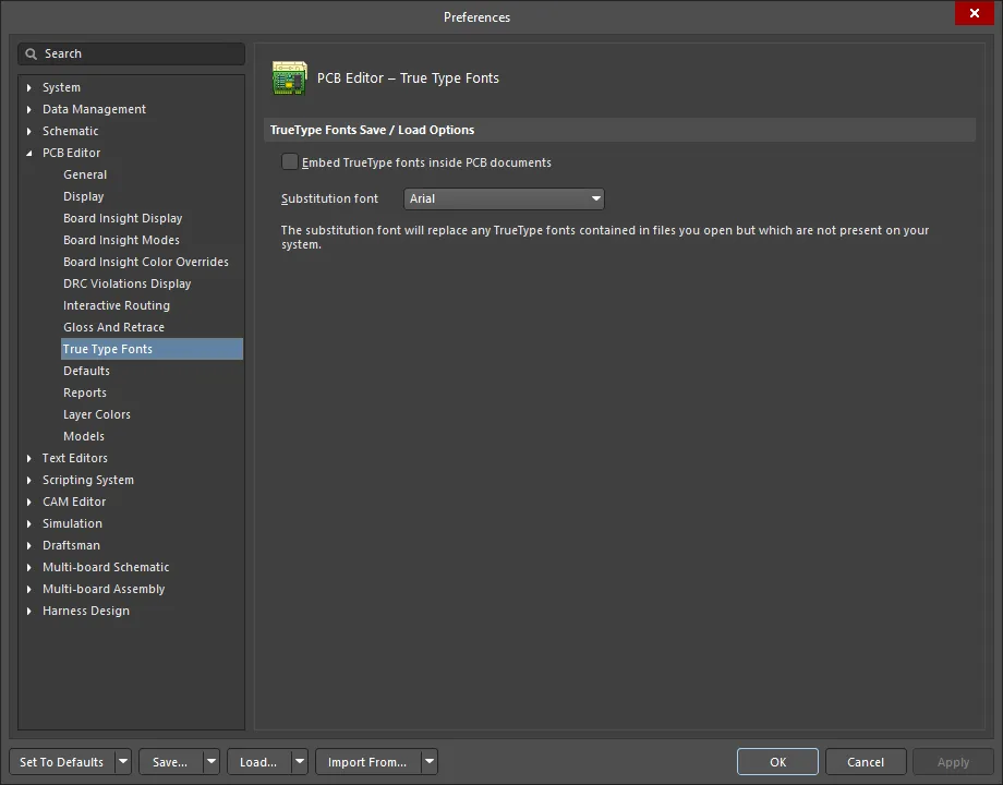 The PCB Editor – True Type Fonts page of the Preferences dialog