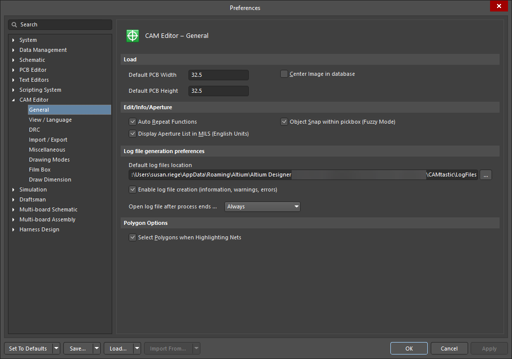 The CAM Editor – General page of the Preferences dialog