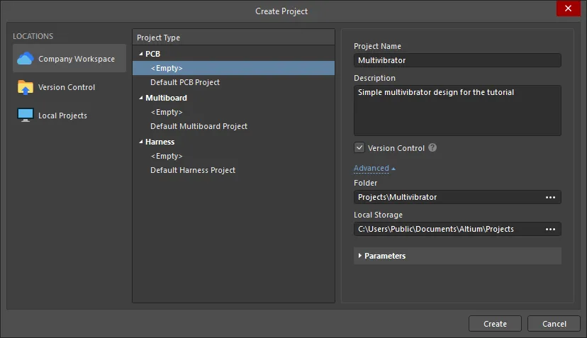 Create Project dialog