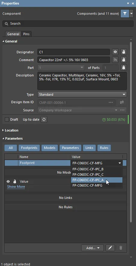 Properties panel, edit footprint