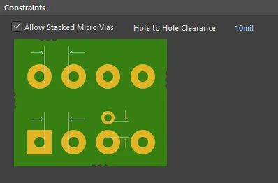 Default constraints for the Hole To Hole Clearance rule