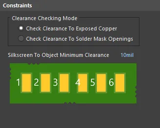 Default constraints for the Silk To Solder Mask Clearance rule