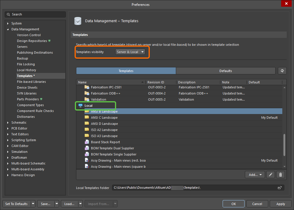 Local project templates are listed on the Data Management – Templates page of the Preferences dialog. Set the Templates visibility option to Server &amp; Local to use local templates.
