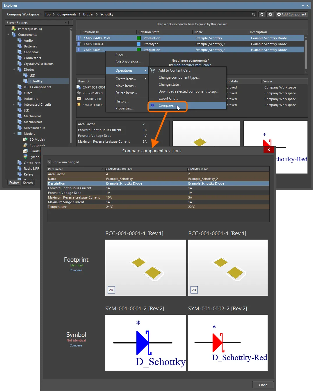 Example comparison of two revisions of a component. Example comparison of two revisions of a component.