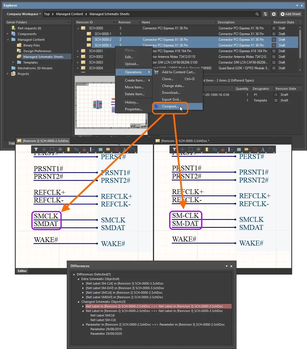 Example comparison of two revisions of a Managed Schematic Sheet Item. Example comparison of two revisions of a Managed Schematic Sheet Item.