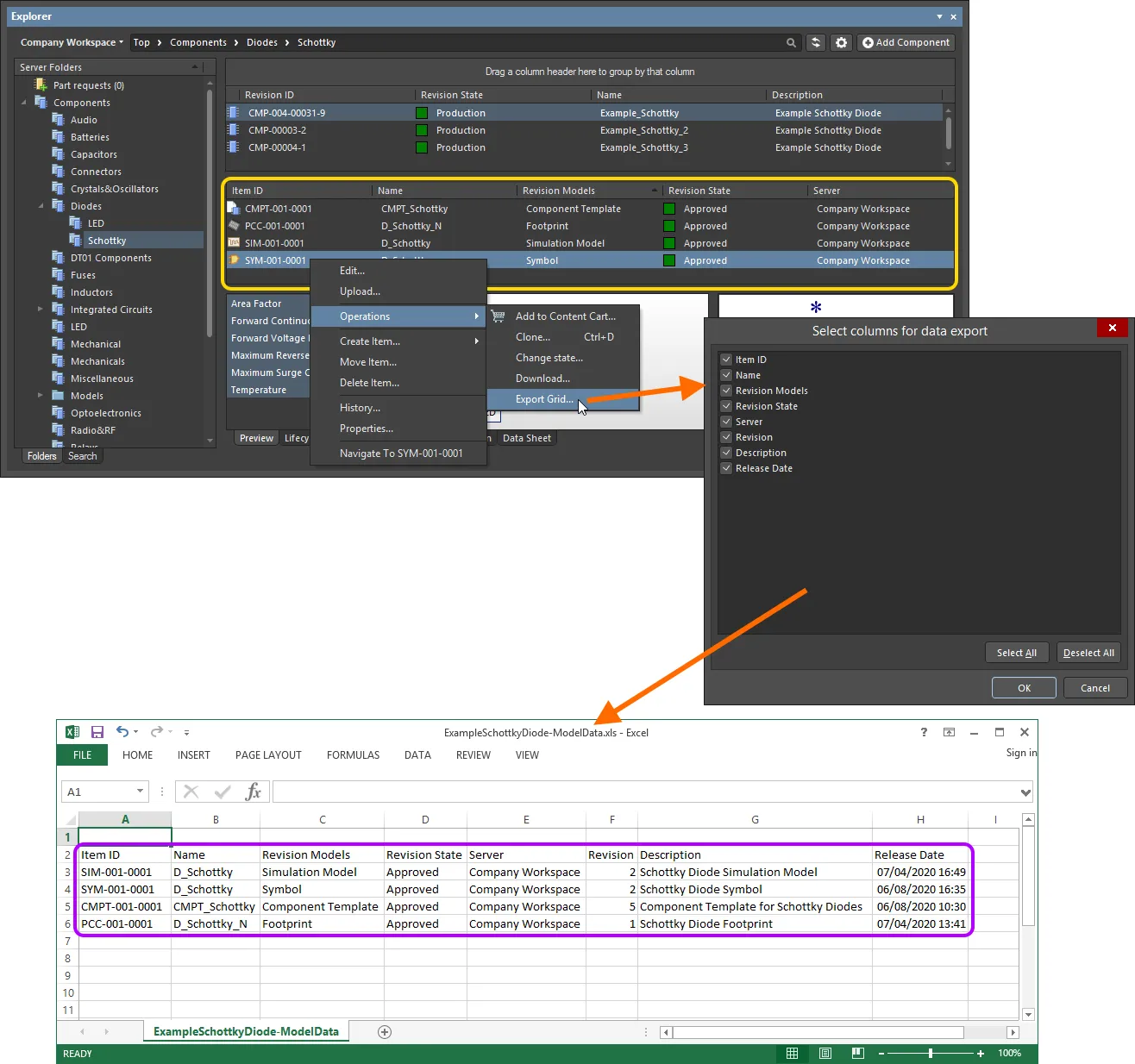 An example of exporting data – the linked models for a selected Component Item revision – to an Excel-formatted file. An example of exporting data – the linked models for a selected Component Item revision – to an Excel-formatted file.