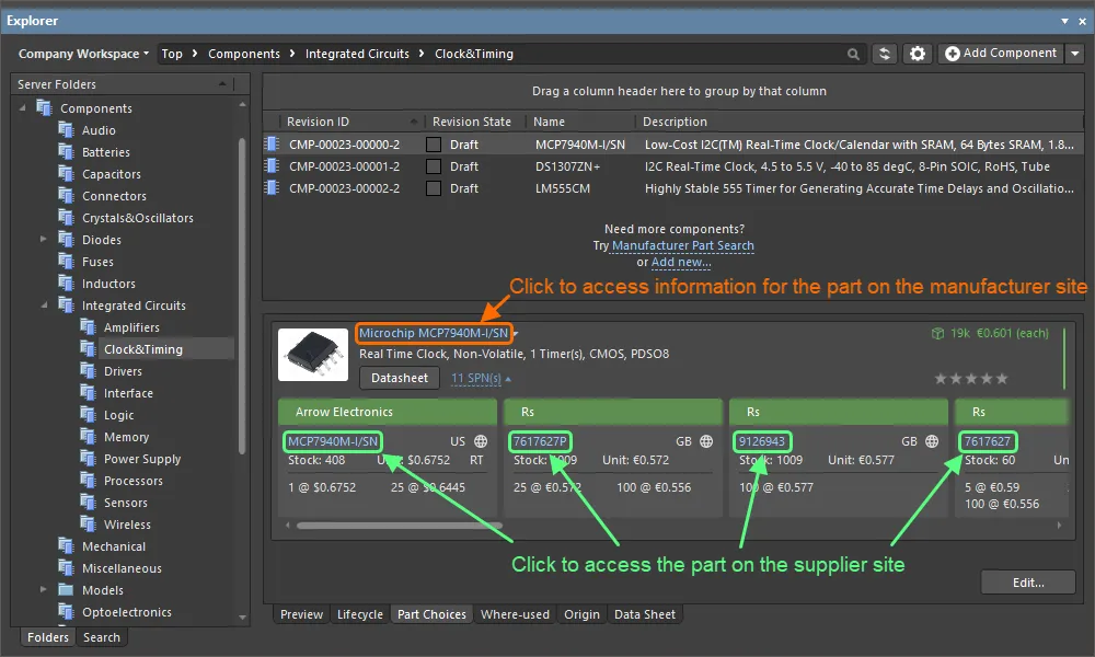 Example clickable URLs associated with a defined Part Choice for a component in the Workspace. Example clickable URLs associated with a defined Part Choice for a component in the Workspace.