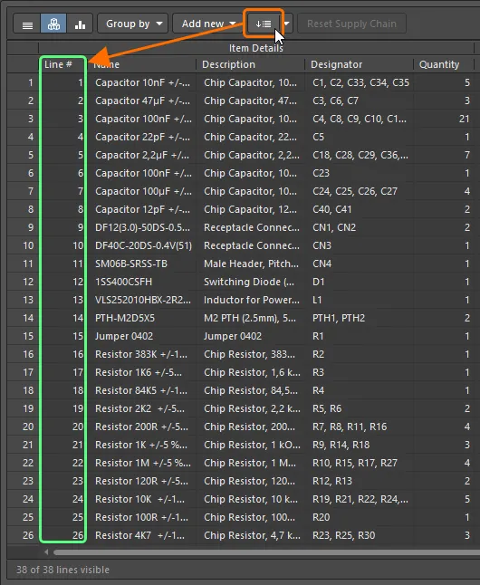 Set line numbers for BOM items automatically using the Set line numbers feature.