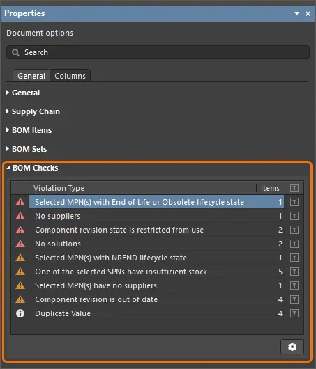 The BOM Checks region of the Properties panel summarizes violations detected in the ActiveBOM document.