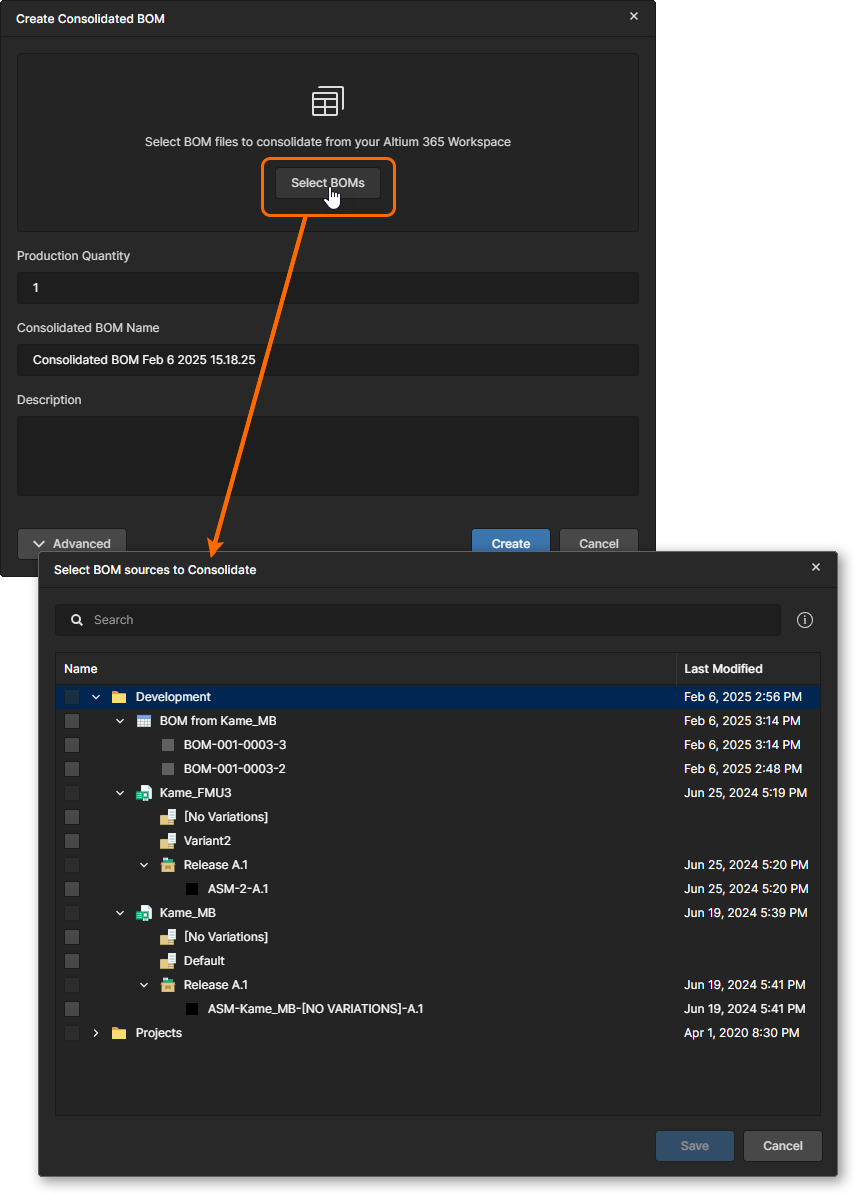 To select BOM data sources, expand the hierarchy of available Design Projects, Managed BOMs and Releases in the Select BOM sources to Consolidate window, enable their corresponding check boxes as required and then click the Save button to confirm. To select BOM data sources, expand the hierarchy of available Design Projects, Managed BOMs and Releases in the Select BOM sources to Consolidate window, enable their corresponding check boxes as required and then click the Save button to confirm.