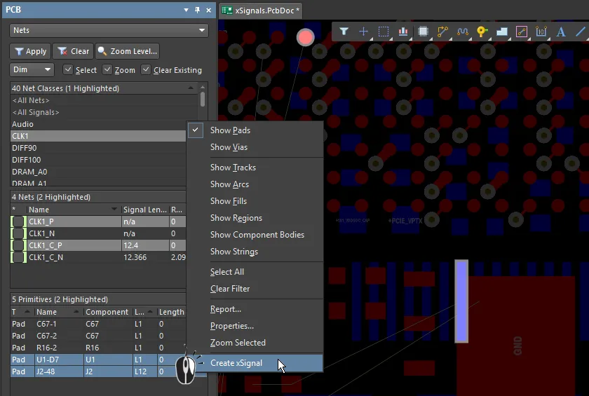 Select the two pads in the Nets mode of the panel, right-click on one of the selected pads then choose Create xSignal. Note that the pads are in different nets.