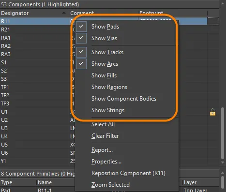 Right-click on a component or component primitive entry to select the items to include.