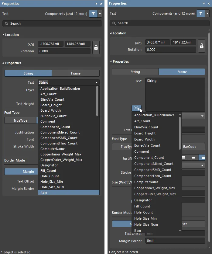 Accessing special strings for a placed string object.