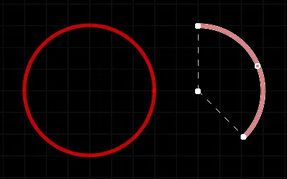 Two placed Arcs; on the left is a Full Circle Arc, on the right is an Arc selected for editing.