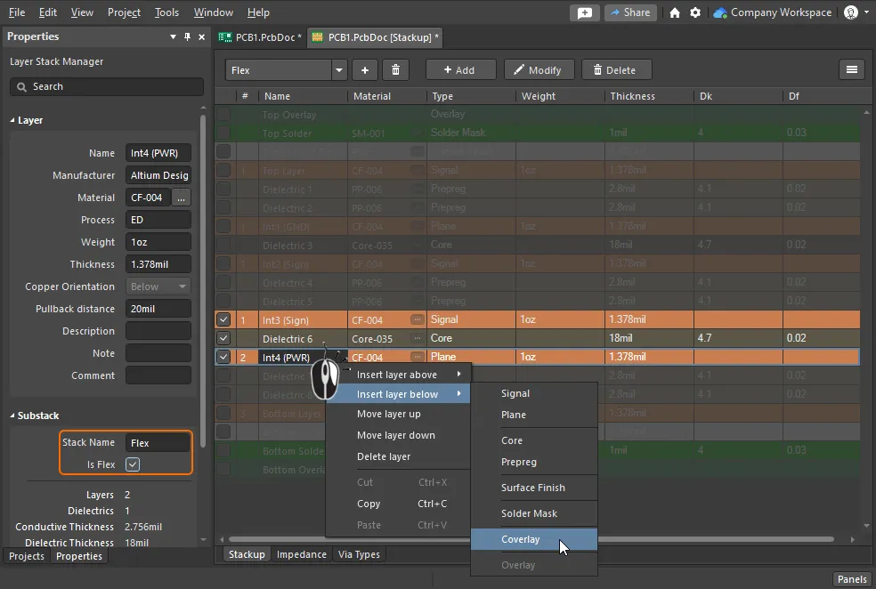 Enable/disable the layer checkboxes to configure the layers required in the flex substack, then add any additional layers needed in this substack.