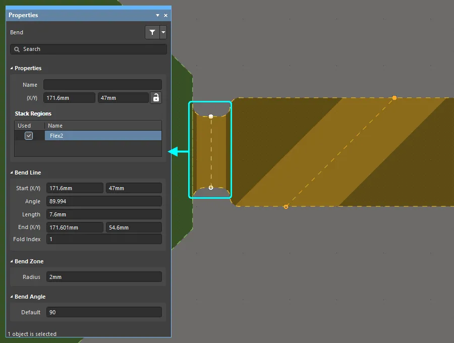 The properties of the selected Bending Line are displayed in the Properties panel.