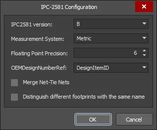 Define export settings in the IPC-2581 Configuration dialog.