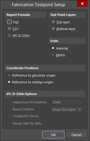 The Fabrication Testpoint Setup dialog