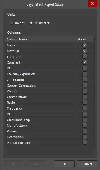 The Layer Stack Report Setup dialog