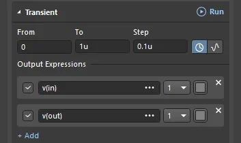 The Transient time interval has been configured from 0 to 1u.