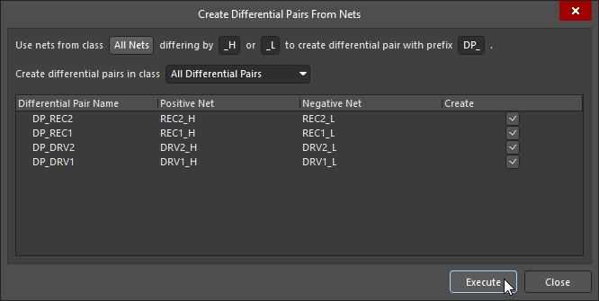 Differential Pair dialog, used in the PCB editor to define a differential pair
