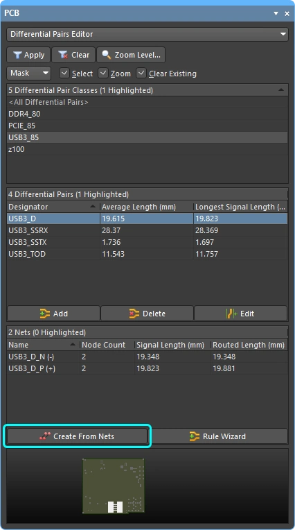 Differential Pair dialog, used in the PCB editor to define a differential pair