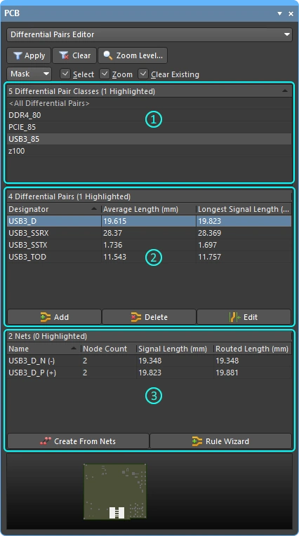 PCB panel in Differential Pair Editor mode