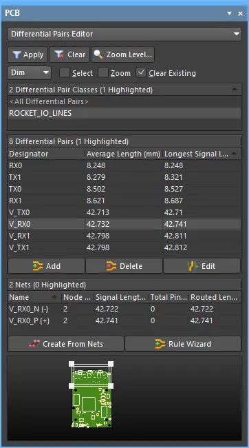 Differential pairs can be viewed and managed in the Differential Pair Editor. Right-click in the Differential Pair Classes region to create a new class.