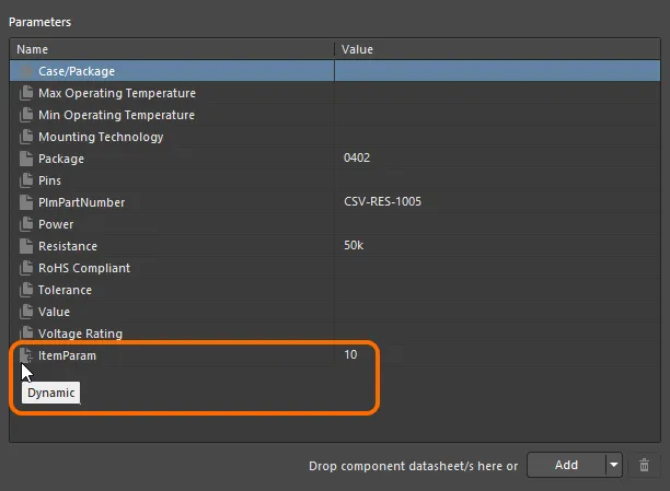 Example dynamic parameter that has been added to a Component Item, and available to its revisions.