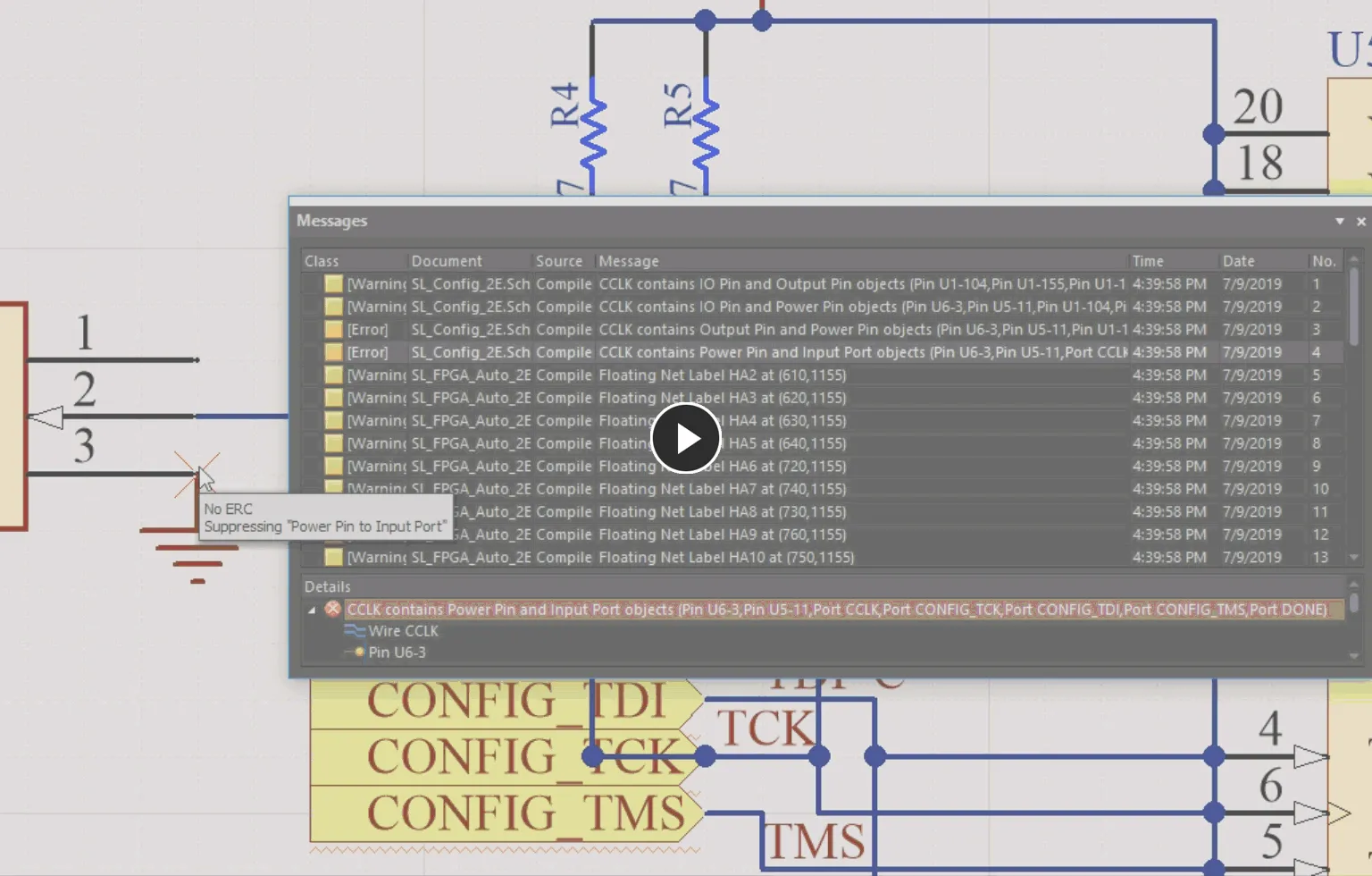 Using the right-click context menu in the Messages panel to place a specific No ERC directive.