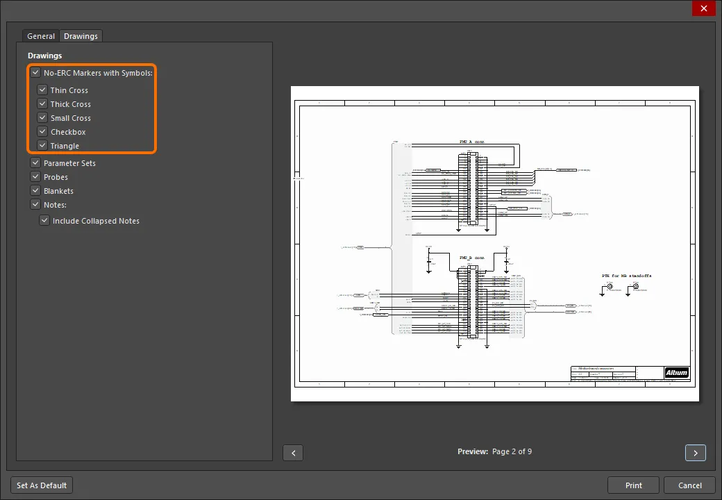Control the printing of No ERC markers in the Print dialog. Control the printing of No ERC markers in the Print dialog.