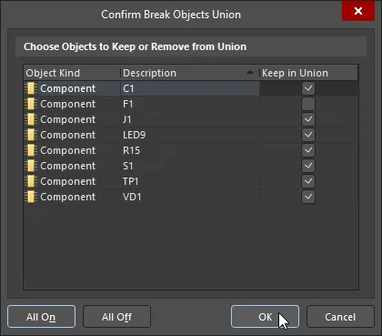 The Confirm Break Objects Union dialog