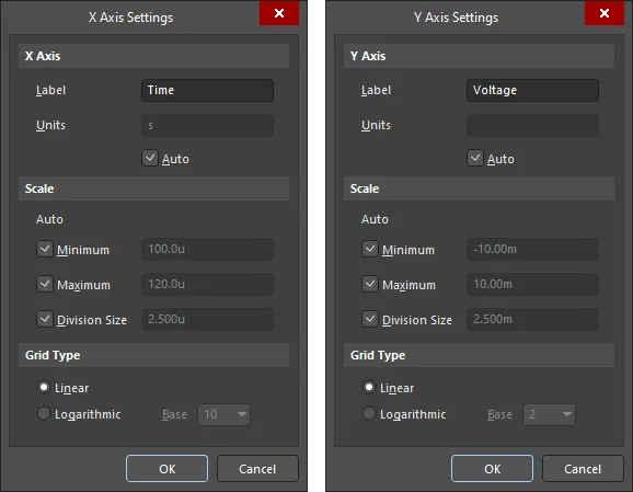 The X Axis Settings and Y Axis Settings dialogs