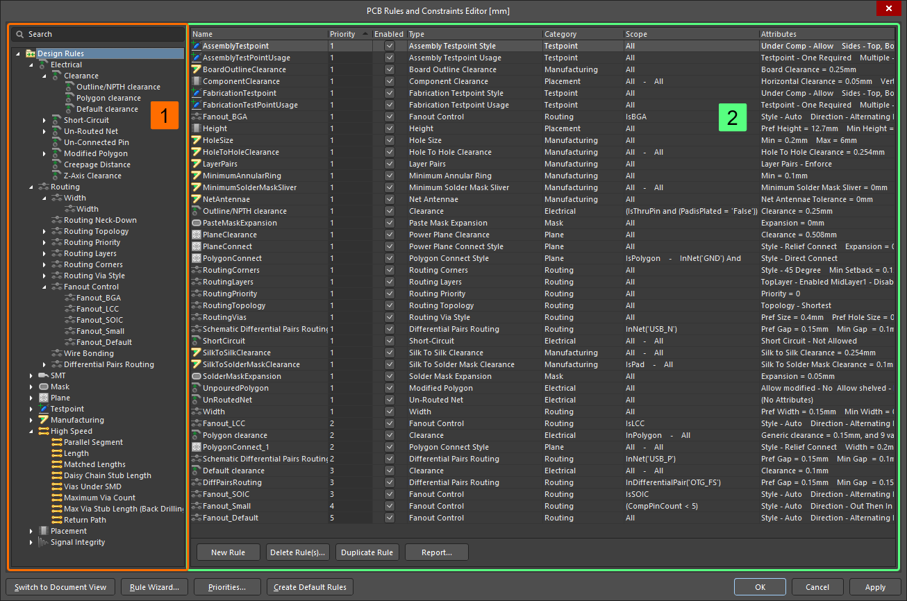 The PCB Rules and Constraints Editor dialog – command central for managing design rules.