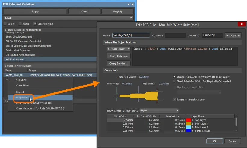 Rules can be edited directly from the PCB Rules And Violations panel, allowing you to further refine rule scoping and/or constraints on the fly.