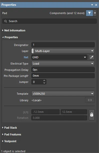 Example properties dialog for a Pad object.