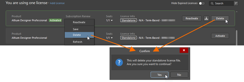 To deactivate a Standalone license, use the Delete option.