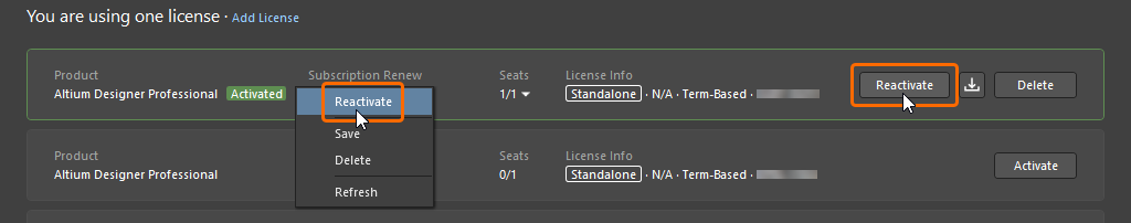 To reactivate an already activated Standalone license, use the Reactivate option.