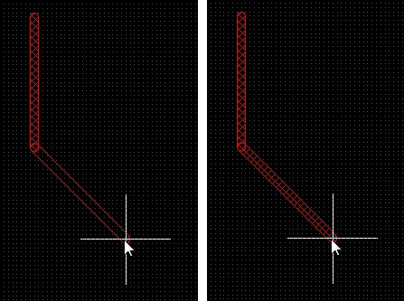  Track placement with Look-Ahead on (first image) and off (second image). The next mouse click will place the hatched track segments.