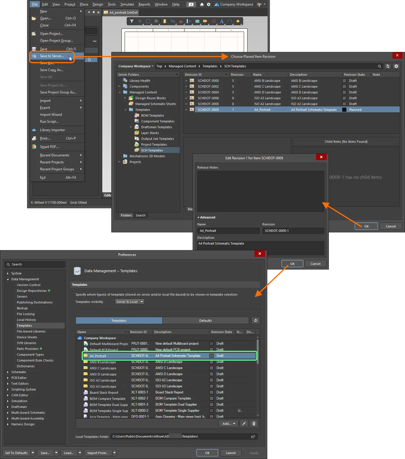 Example of sending an existing schematic template to the Workspace to which you are currently connected.