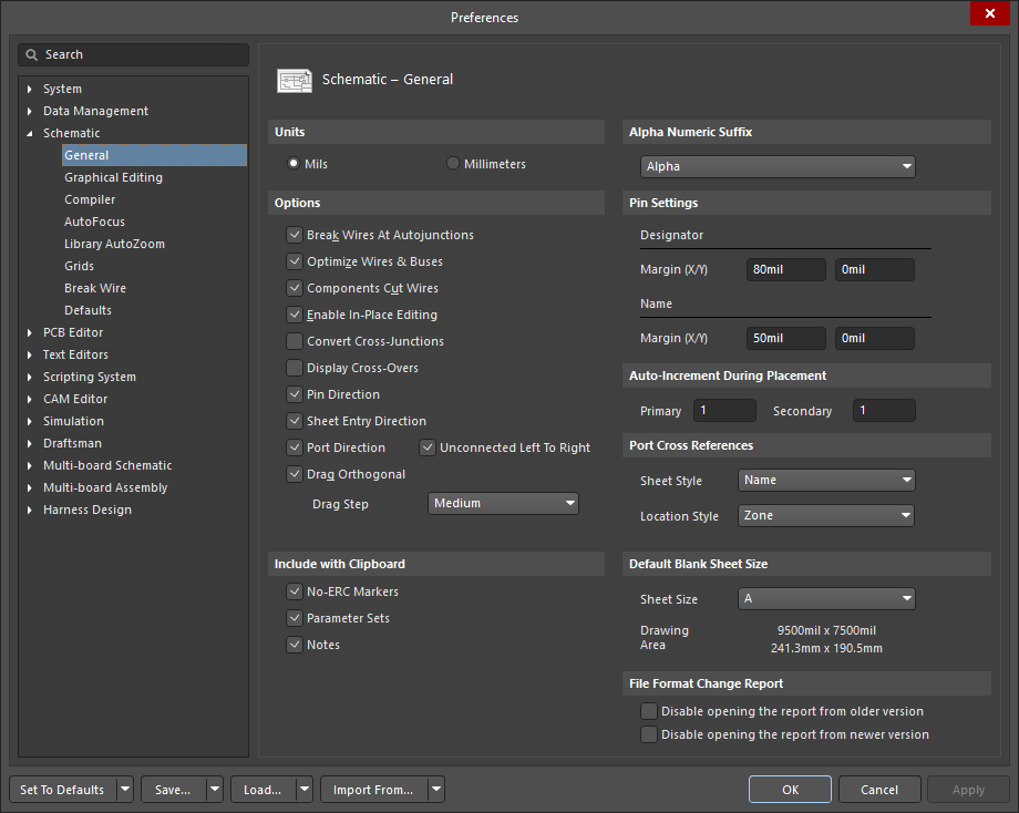 The Schematic – General page of the Preferences dialog