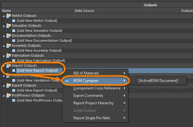 A BOM Compare can be performed from a number of places, including an OutputJob.