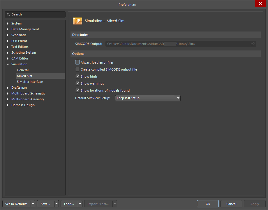 The Simulation – Mixed Sim page of the Preferences dialog